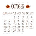 Calendar for October 2019 with pumpkins Royalty Free Stock Photo