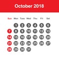 Calendar for October 2018