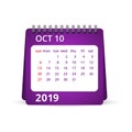 2019 calendar. October. Vector Illustration