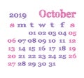 Calendar 2019. October. Vector template. English calender. Week