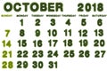 Calendar for October 2018 on white background