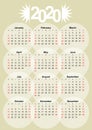 Calendar 2020 on old paper background, month in circles, low contrasting elegant sparse design.