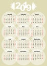 Calendar 2019 on old paper background, month in circles, low contrasting elegant sparse design.