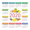 Calendar 2020. Organic healthy food. Color fruits and berries sketch menu. Fresh rowan, apple, lemon, pineapple, red currants,