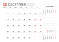 Calendar page for December 2021. Monthly planner. Stationery design. Week starts on Monday Royalty Free Stock Photo