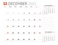 Calendar page for December 2021. Monthly planner. Stationery design. Week starts on Sunday Royalty Free Stock Photo