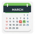 Calendar page displaying March with dates in a grid format. Sundays are highlighted Royalty Free Stock Photo