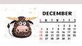 Calendar page 2021. Calendar horizontal with bulls or oxen. Ox character. December