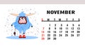 Calendar page 2021. Calendar horizontal with bulls or oxen. Ox character.November