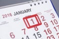 Calendar page with marked date of 1st of January 2016 Royalty Free Stock Photo