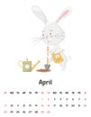 Calendar page for the month of April 2023 with a cute rabbit, digging with a shovel, planting a carrot. Bunny gardener. Adorable