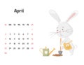 Calendar page for the month of April 2023 with a cute rabbit, digging with a shovel, planting a carrot. Bunny gardener. Adorable