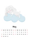 Calendar page for the month of May 2023 with a cute smiling rabbit sleeping on a cloud. Adorable animal, a character in pastel