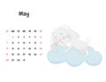 Calendar page for the month of May 2023 with a cute smiling rabbit sleeping on a cloud. Adorable animal, a character in pastel