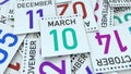 Calendar page shows March 10 date. 3D rendering Royalty Free Stock Photo