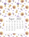 Calendar page the year 2022 for August watercolor floral seamless illustration, printable page, hand drawn pattern of French