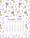 Calendar page the year 2022 for December watercolor floral seamless illustration, printable page, hand drawn pattern of French