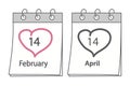 2 calendar pages with date 14 February Valentines Day and 14 April the Black Day. Greetings concept