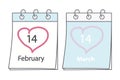 2 calendar pages with love holiday date 14 February Valentines Day and 14 March the White Day