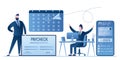 Calendar with payday date. Handsome boss holding paycheck. Happy male worker getting salary