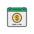 Calendar payday loan, monthly payment flat color line icon.