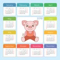 Calendar 2019. Pig. Cartoon piggy. Chinese horoscope. Sunday