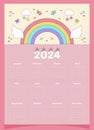 Calendar 2024 pink for a child with elements of unicorn, rainbow, wings, clouds, butterflies, bows, hearts.