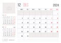 Calendar 2024 planner corporate template design - December month