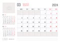 Calendar 2024 Planner Corporate Template Design March Month