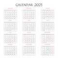 2025 calendar planner. Corporate week. Template layout, 12 months yearly, white background. Simple design for business