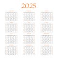 2025 calendar planner. Corporate week. Template layout, 12 months yearly, white background. Simple design for business