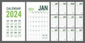 Calendar planner 2024. English calender green template. Vector grid. Office business planning. Creative trendy design