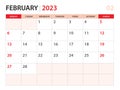 Calendar planner 2023 - February 2023 template, week start on Monday, Desk calendar 2023 year, simple and clean design, Wall