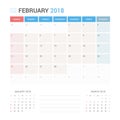 Calendar Planner for February 2018 Vector Design Template Stationary. Week Starts Sunday. Royalty Free Stock Photo