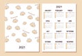 Calendar, planner A4 format for 2021 with a cute kawaii white ox. Symbol of chinese New Year. Smiling bull, cow. Week