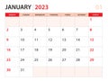 Calendar planner 2023 - January 2023 template, week start on Monday, Desk calendar 2023 year, simple and clean design, Wall