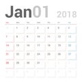 Calendar Planner for January 2018 Vector Design Template Stationary. Week Starts Sunday. Royalty Free Stock Photo