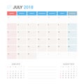 Calendar Planner for July 2018 Vector Design Template Stationary. Week Starts Sunday.