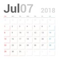 Calendar Planner for July 2018 Vector Design Template Stationary. Week Starts Sunday. Royalty Free Stock Photo