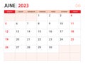 Calendar planner 2023 - June 2023 template, week start on Monday, Desk calendar 2023 year, simple and clean design, Wall calendar