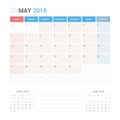 Calendar Planner for May 2018 Vector Design Template Stationary. Week Starts Sunday. Royalty Free Stock Photo