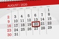 Calendar planner for the month august 2020, deadline day, 20, thursday