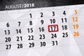Calendar planner for the month, deadline day of the week, 2018 august, 17, Friday Royalty Free Stock Photo