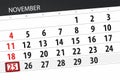 Calendar planner for the month, deadline day of the week 2018 november, 25, Sunday Royalty Free Stock Photo