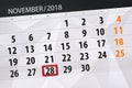 Calendar planner for the month, deadline day of the week 2018 november, 28, Wednesday Royalty Free Stock Photo
