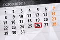 Calendar planner for the month, deadline day of the week 2018 october, 26, Friday Royalty Free Stock Photo