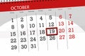 Calendar planner for the month, deadline day of the week 2018 october, 19, Friday Royalty Free Stock Photo