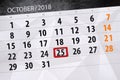 Calendar planner for the month, deadline day of the week 2018 october, 25, Thursday Royalty Free Stock Photo