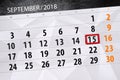 Calendar planner for the month, deadline day of the week, 2018 september, 15, Saturday Royalty Free Stock Photo