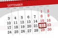 Calendar planner for the month, deadline day of the week, 2018 september, 22, Saturday Royalty Free Stock Photo